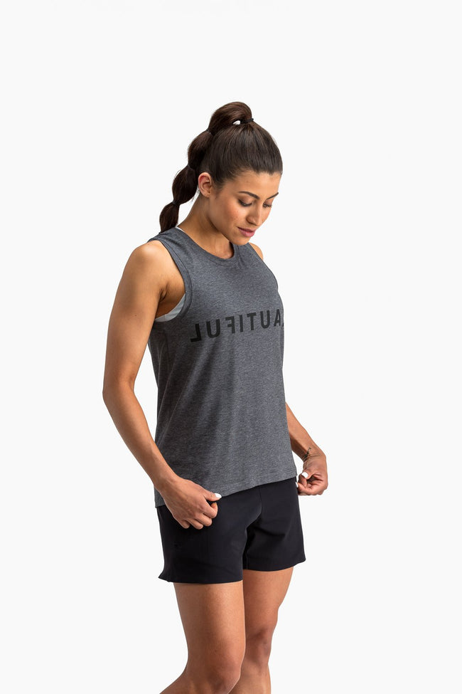 RYU Womens Standard Issue Tank - Beautiful Tough Graphic in Heather Asphalt