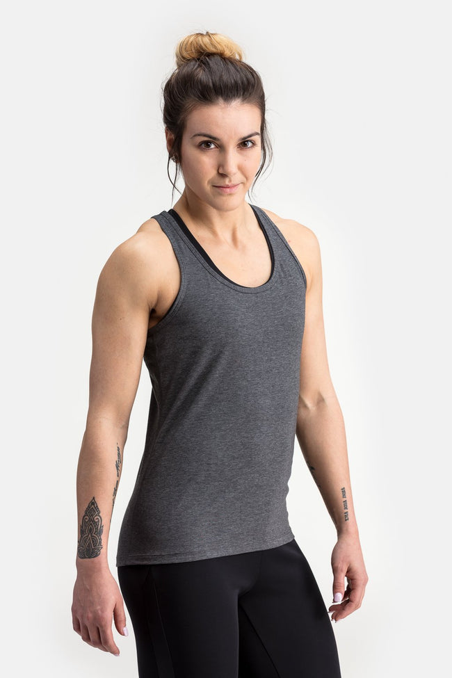 RYU Womens Standard Issue Racerback Tank in Asphalt Heather